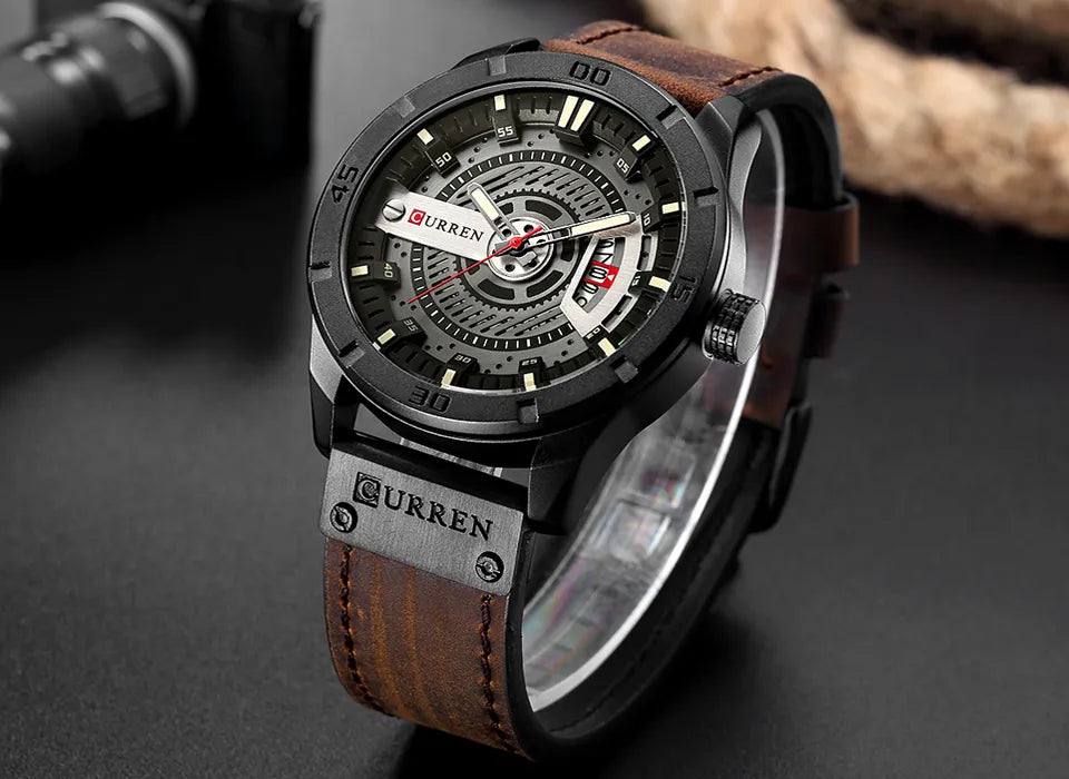 Schwarze Edelstahl-Uhr mit Lederband | Boreal