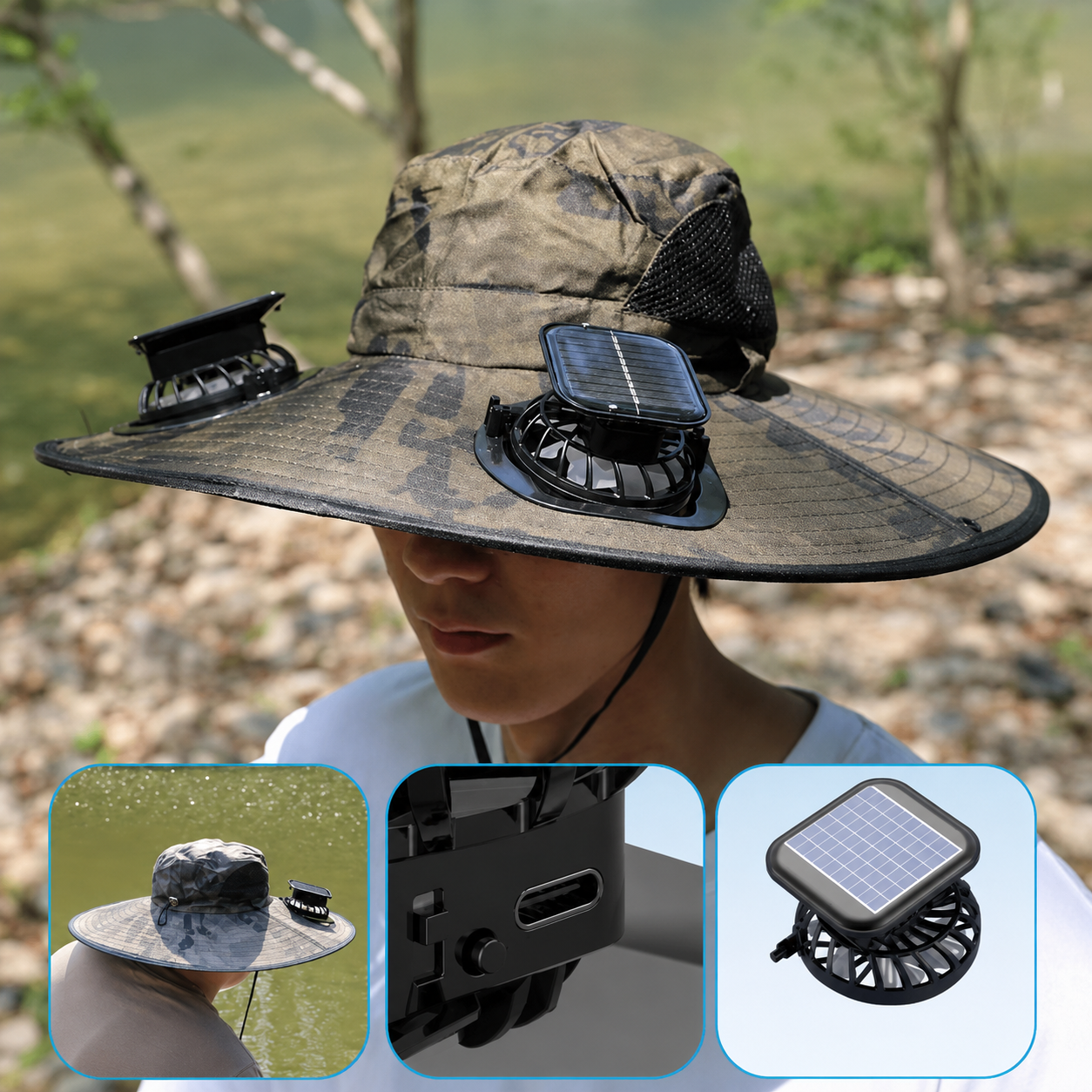 Sun Hat with Built-in Fans – perfect for hiking, fishing, and outdoor activities.