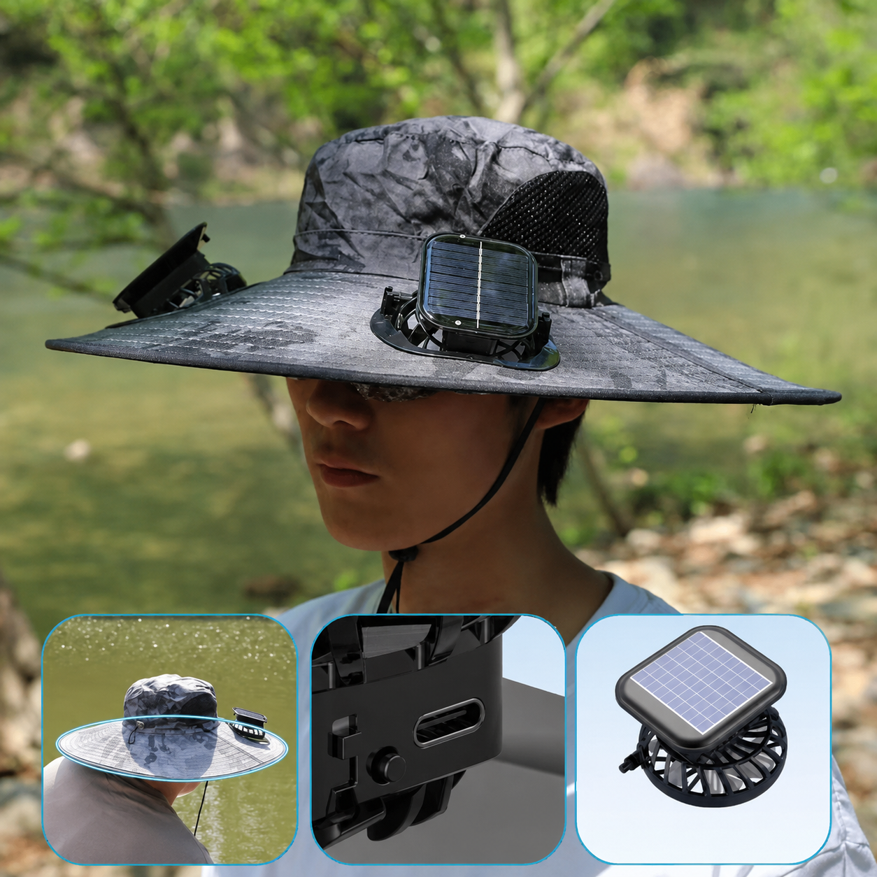 Sun Hat with Built-in Fans – perfect for hiking, fishing, and outdoor activities.