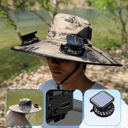 Sun Hat with Built-in Fans – perfect for hiking, fishing, and outdoor activities.
