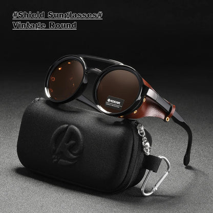 KDEAM Óculos de sol redondos vintage masculino feminino escudo de couro óculos de sol ponte dupla projetado sombra KD179