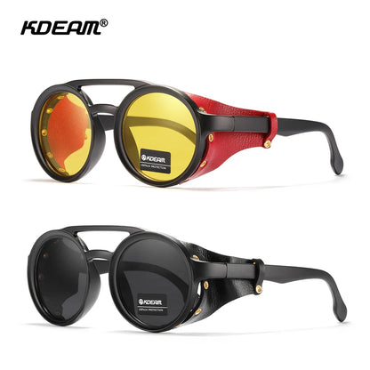 KDEAM Óculos de sol redondos vintage masculino feminino escudo de couro óculos de sol ponte dupla projetado sombra KD179