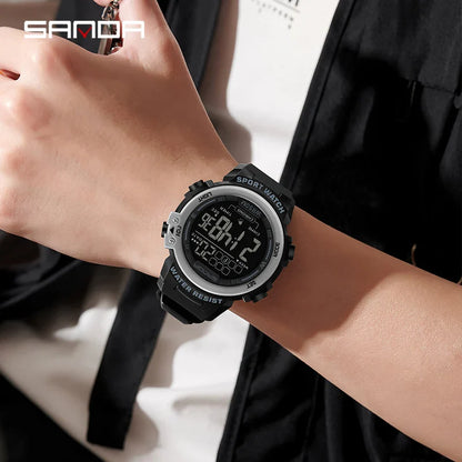 Sanda relógio masculino estilo militar g, despertador digital led, moda esportiva, display duplo, 50m, à prova d'água