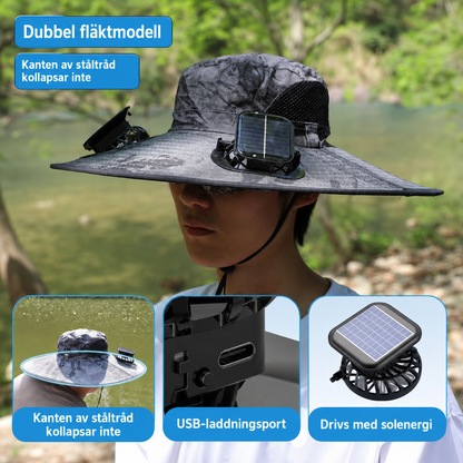 Sun Hat with Built-in Fans – perfect for hiking, fishing, and outdoor activities.