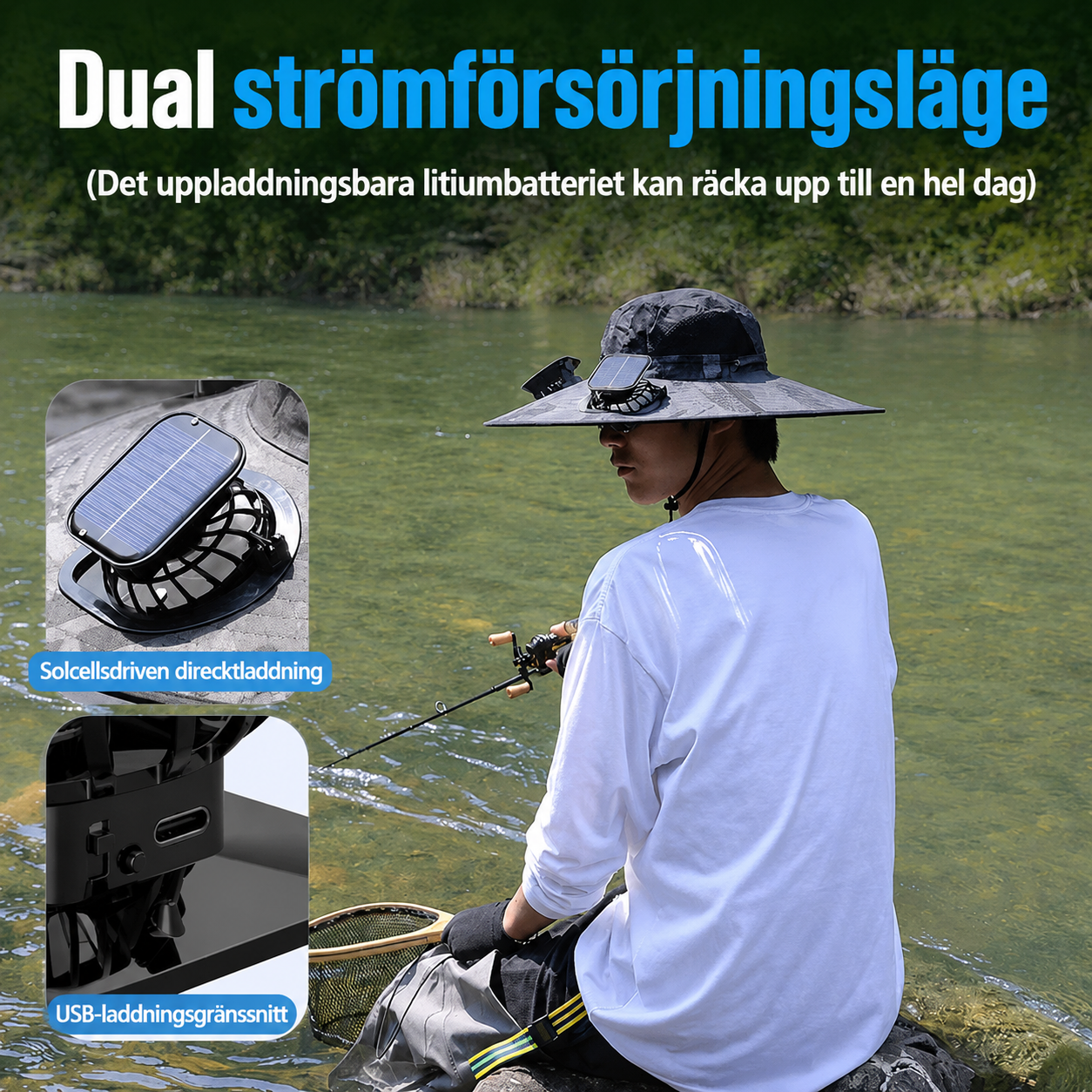Sun Hat with Built-in Fans – perfect for hiking, fishing, and outdoor activities.